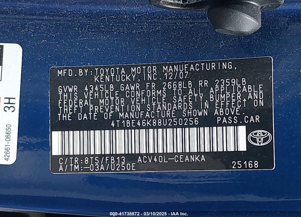 2008 TOYOTA CAMRY LE VIN: 4T1BE46K88U250256