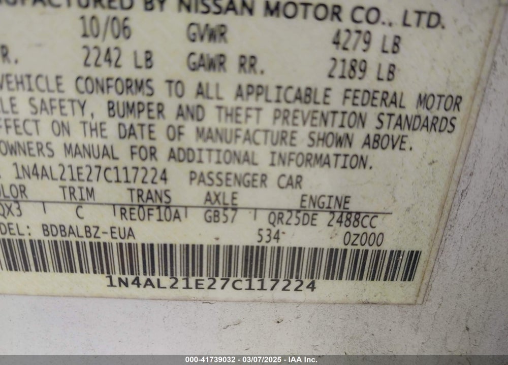 2007 NISSAN ALTIMA VIN: 1N4AL21E27C117224