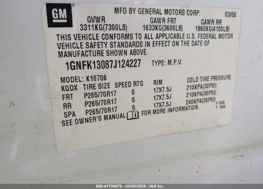 2007 CHEVROLET TAHOE LT VIN: 1GNFK13087J124227
