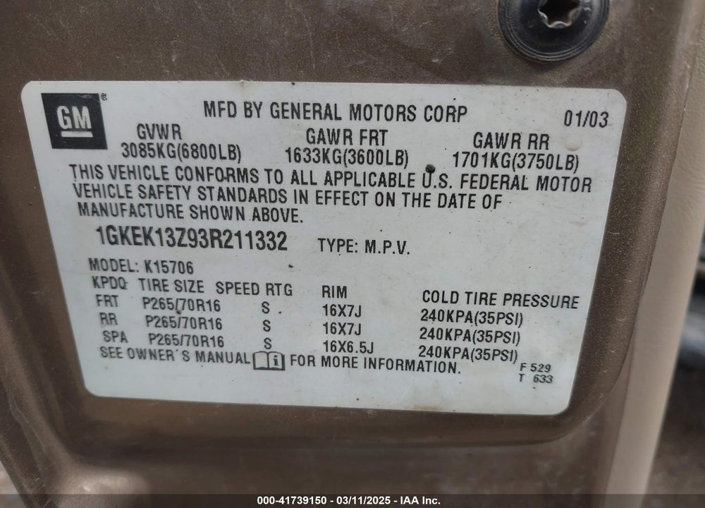 2003 GMC YUKON SLT VIN: 1GKEK13Z93R211332