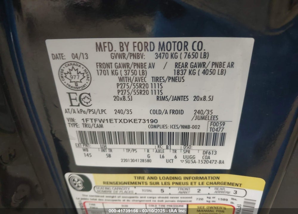 2013 FORD F-150 FX4 VIN: 1FTFW1ETXDKE73190