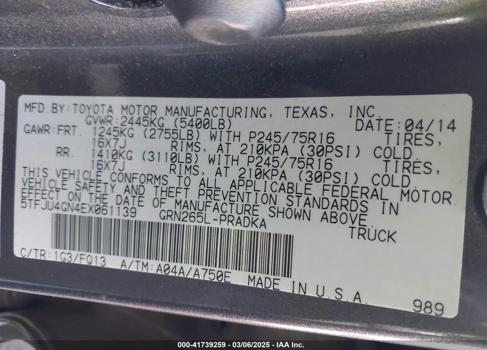 2014 TOYOTA TACOMA PRERUNNER V6 VIN: 5TFJU4GN4EX061139