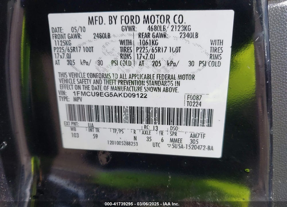 2010 FORD ESCAPE VIN: 1FMCU9EG5AKD09122