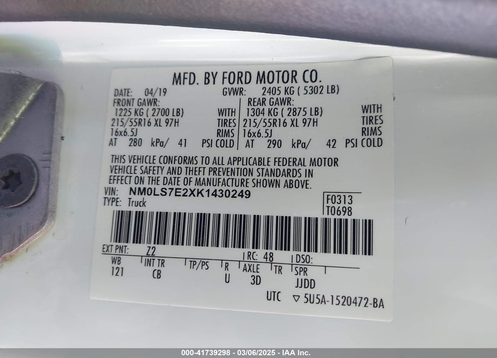 2019 FORD TRANSIT CONNECT XL VIN: NM0LS7E2XK1430249