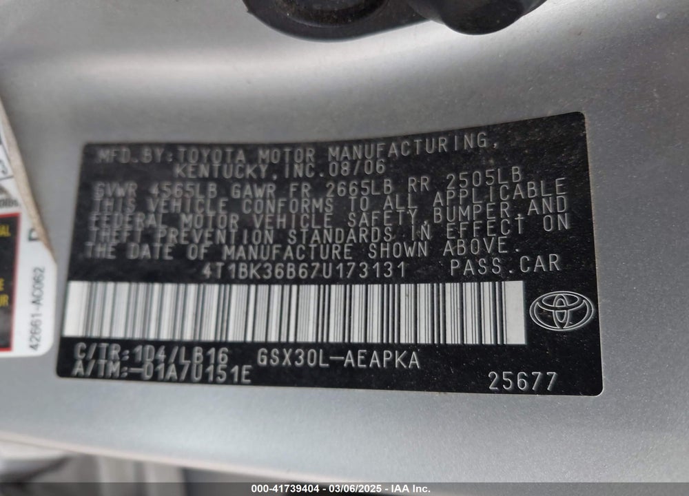 2007 TOYOTA AVALON VIN: 4T1BK36B67U173131