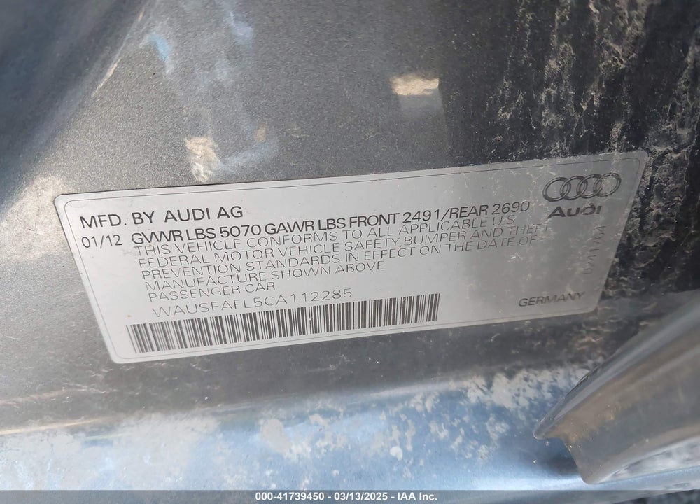2012 AUDI A4 VIN: WAUSFAFL5CA112285