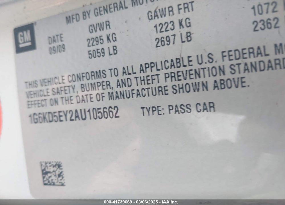 2010 CADILLAC DTS VIN: 1G6KD5EY2AU105662