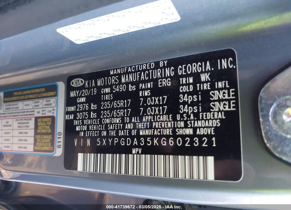 2019 KIA SORENTO 2.4L LX VIN: 5XYPGDA35KG602321