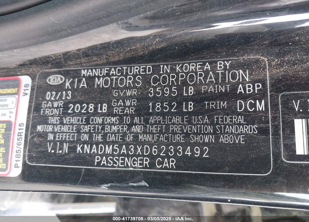 2013 KIA RIO VIN: KNADM5A3XD6233492