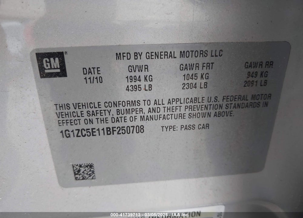 2011 CHEVROLET MALIBU 1LT VIN: 1G1ZC5E11BF250708