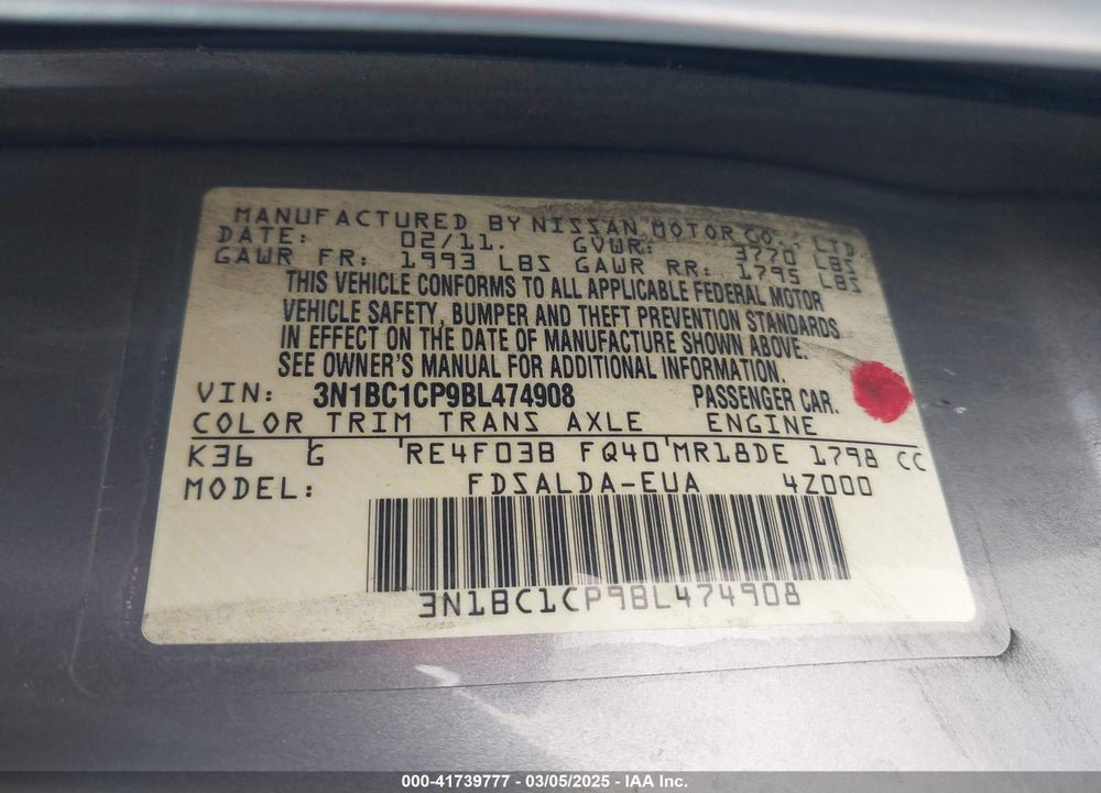 2011 NISSAN VERSA VIN: 3N1BC1CP9BL474908