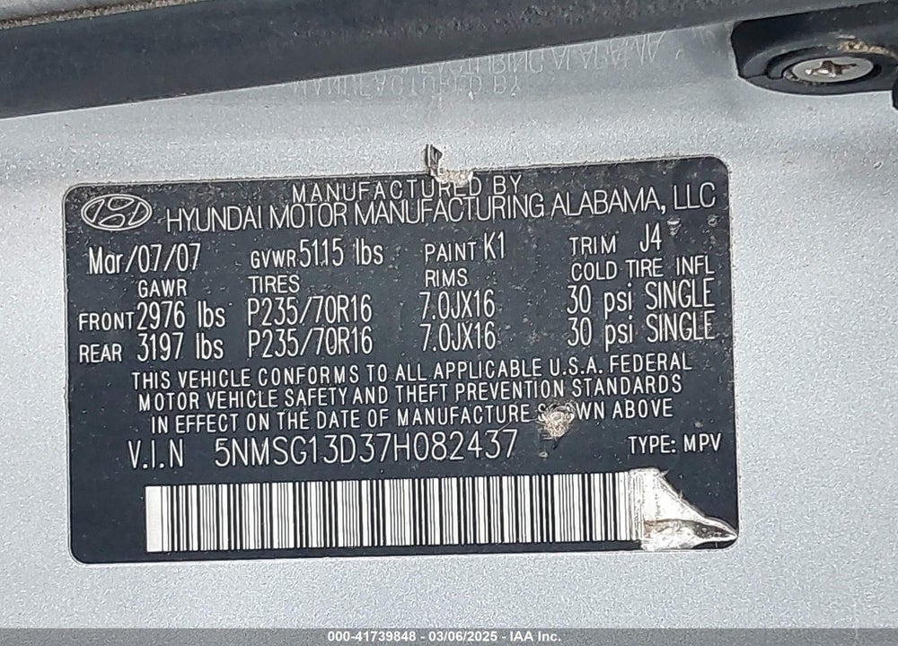 2007 HYUNDAI SANTA FE VIN: 5NMSG13D37H082437
