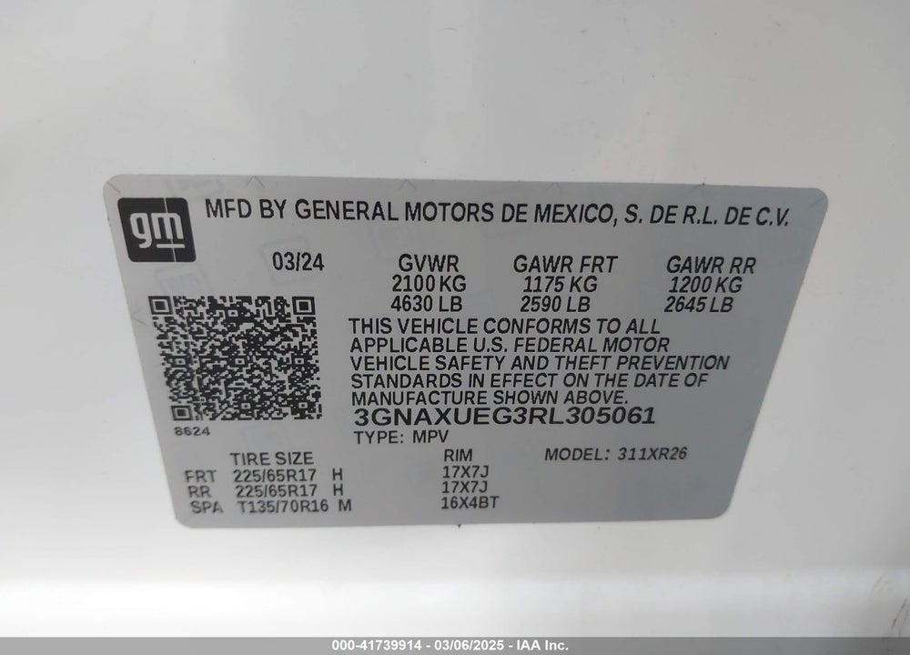 2024 CHEVROLET EQUINOX AWD LT VIN: 3GNAXUEG3RL305061