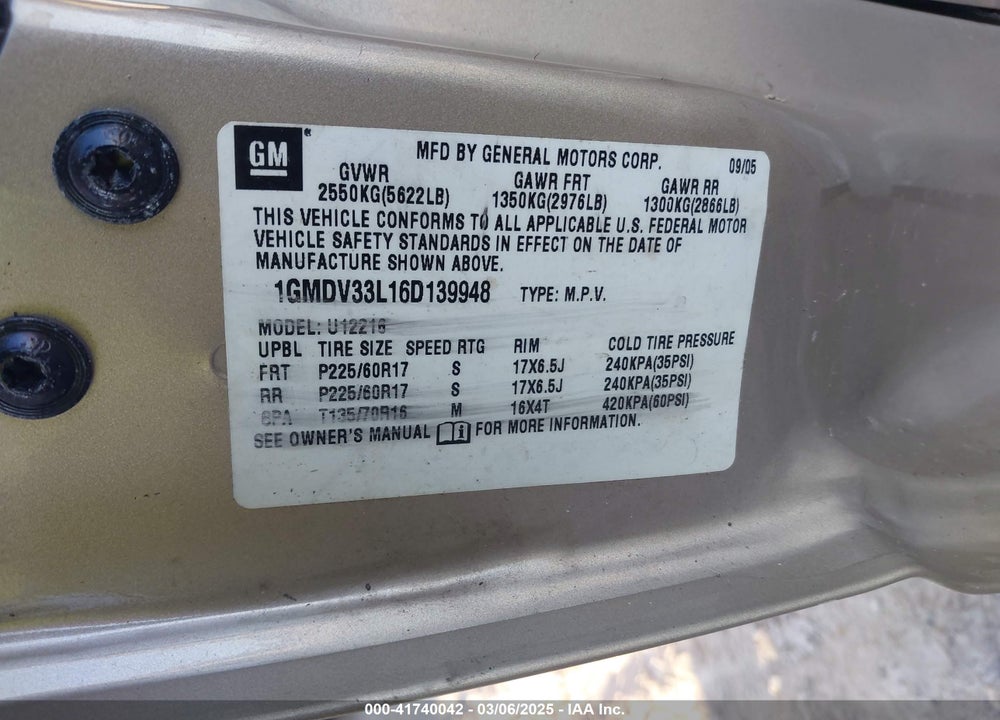 2006 PONTIAC MONTANA VIN: 1GMDV33L16D139948