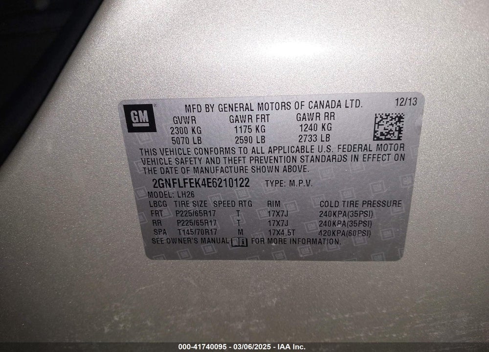 2014 CHEVROLET EQUINOX 1LT VIN: 2GNFLFEK4E6210122
