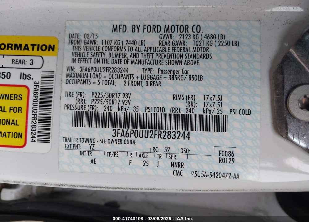2015 FORD FUSION HYBRID S VIN: 3FA6P0UU2FR283244