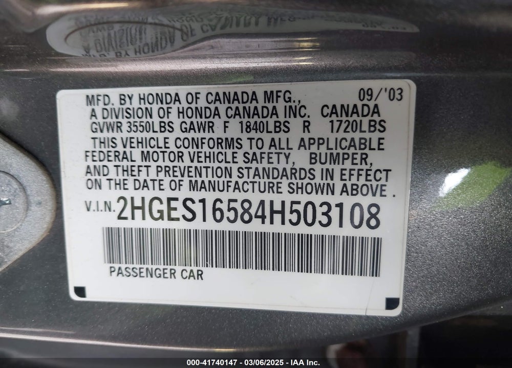 2004 HONDA CIVIC VIN: 2HGES16584H503108
