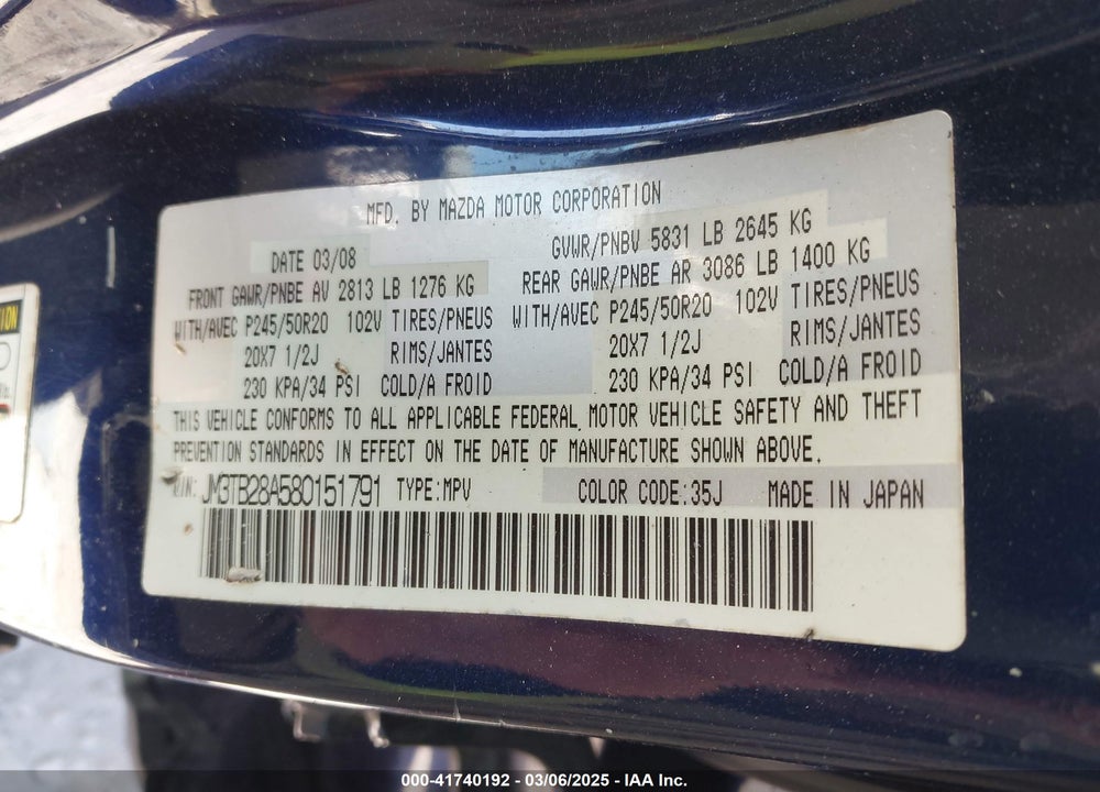 2008 MAZDA CX-9 GRAND TOURING VIN: JM3TB28A580151791