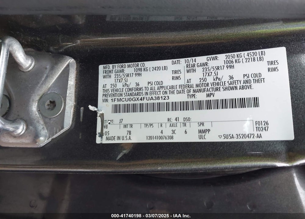 2015 FORD ESCAPE VIN: 1FMCU0GX4FUA38123