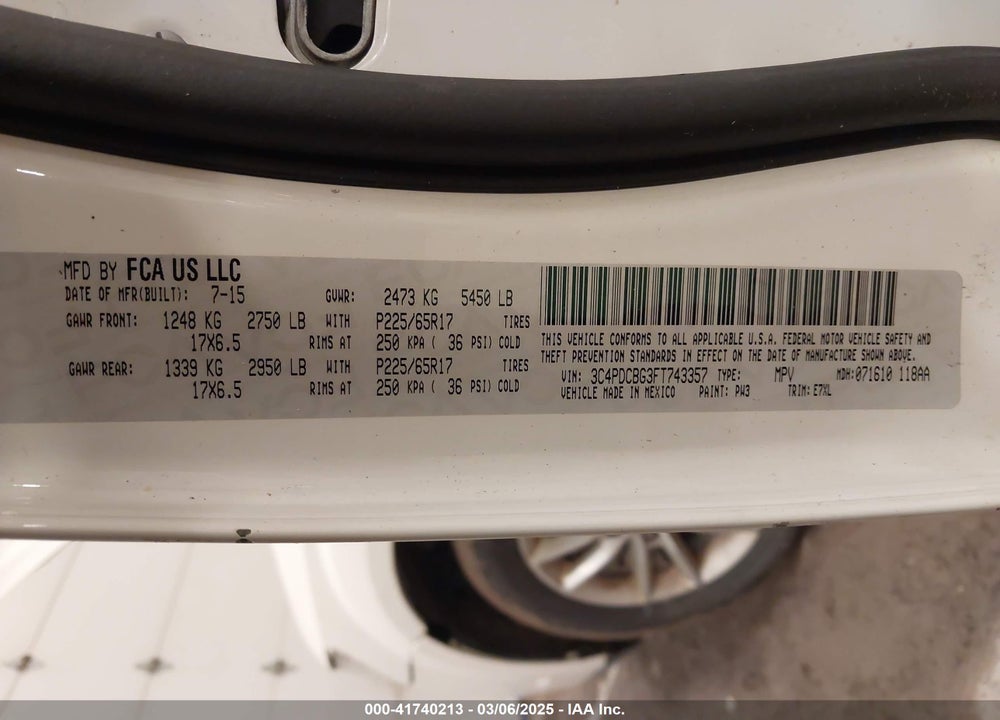 2015 DODGE JOURNEY VIN: 3C4PDCBG3FT743357