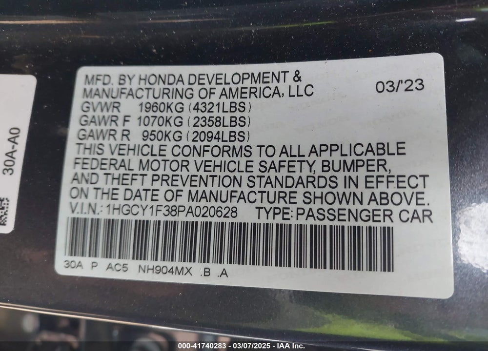 2023 HONDA ACCORD VIN: 1HGCY1F38PA020628