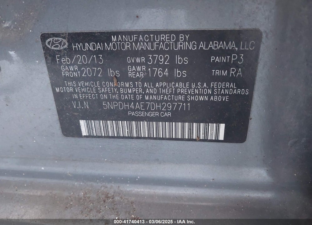 2013 HYUNDAI ELANTRA VIN: 5NPDH4AE7DH297711