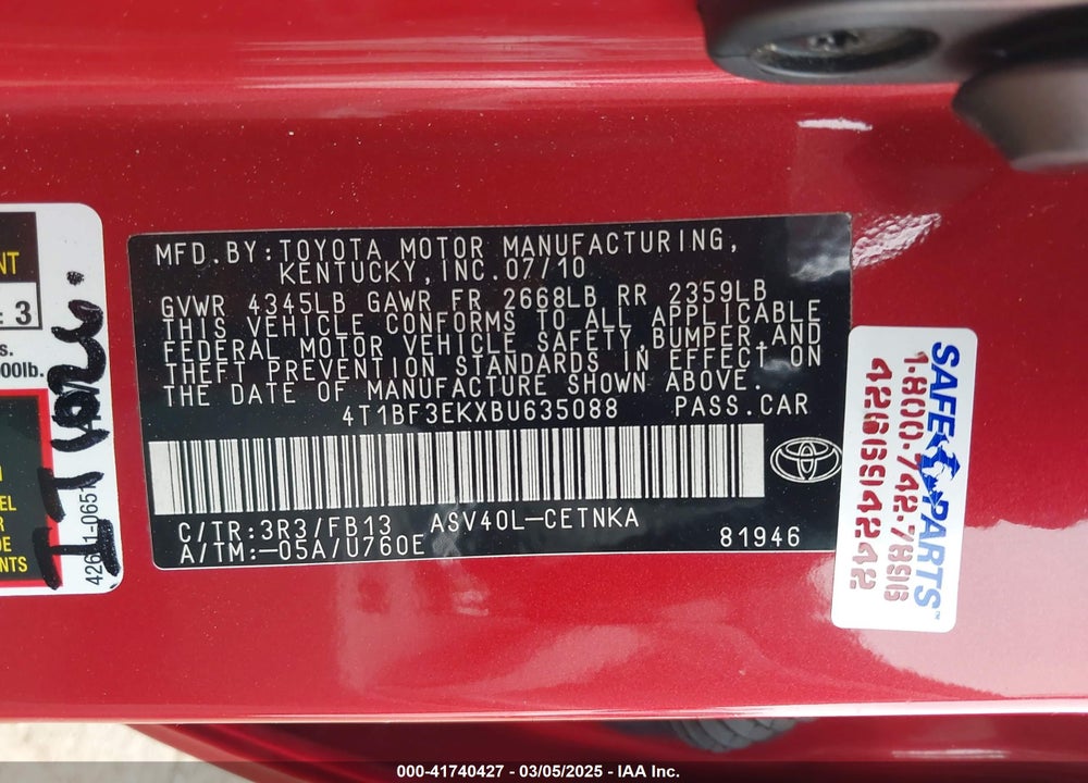 2011 TOYOTA CAMRY VIN: 4T1BF3EKXBU635088