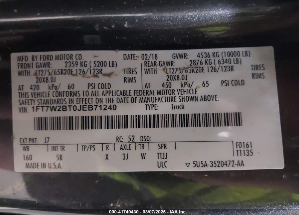 2018 FORD F-250 VIN: 1FT7W2BT0JEB71240