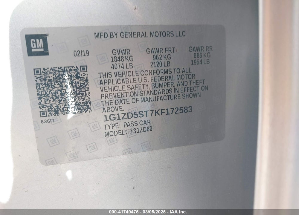 2019 CHEVROLET MALIBU LT VIN: 1G1ZD5ST7KF172583