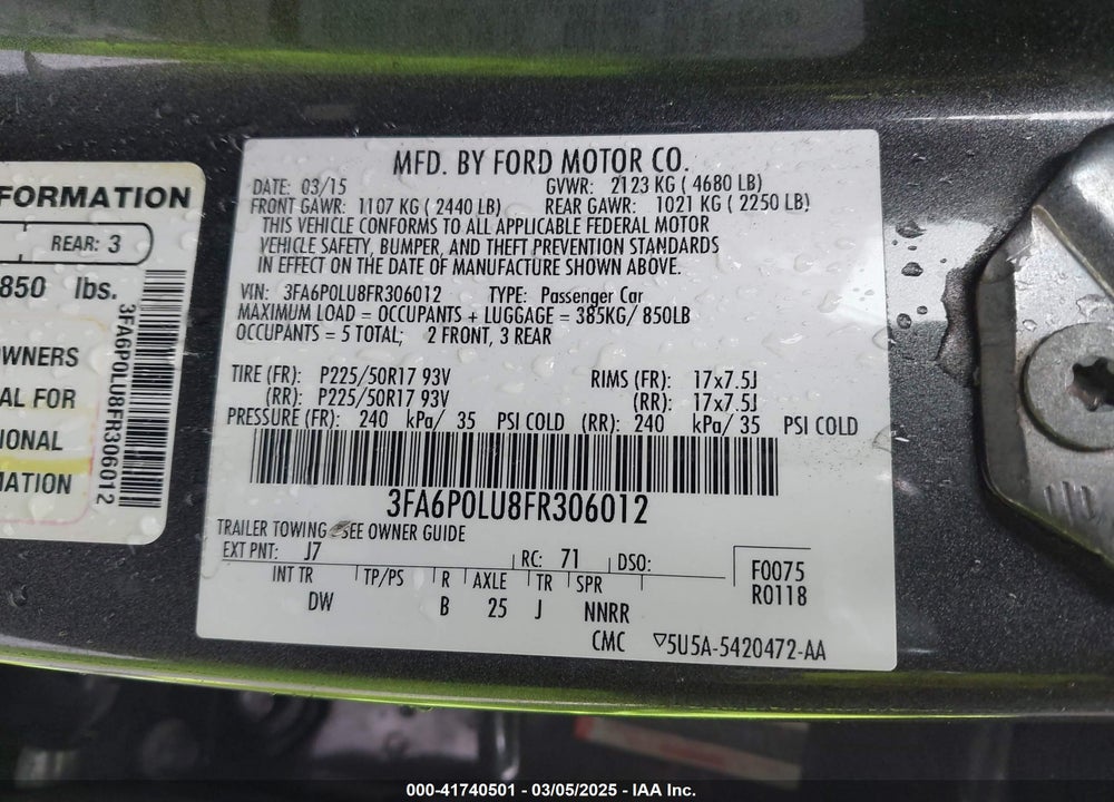 2015 FORD FUSION HYBRID VIN: 3FA6P0LU8FR306012