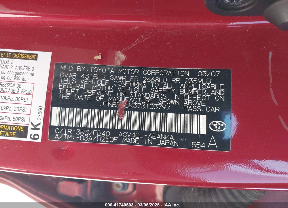 2007 TOYOTA CAMRY LE VIN: JTNBE46K373103797