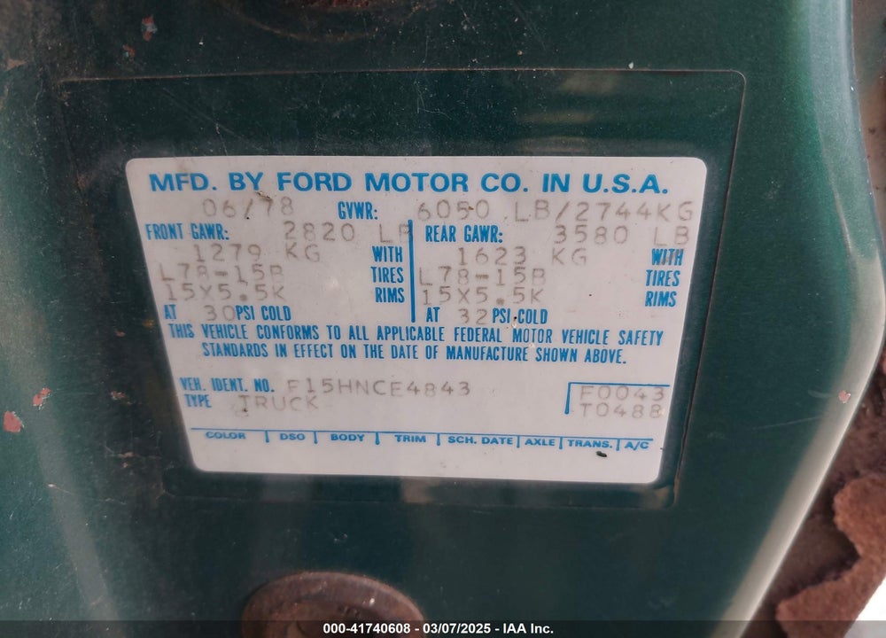 1978 FORD F150 VIN: XXXXXXF15HNCE4843