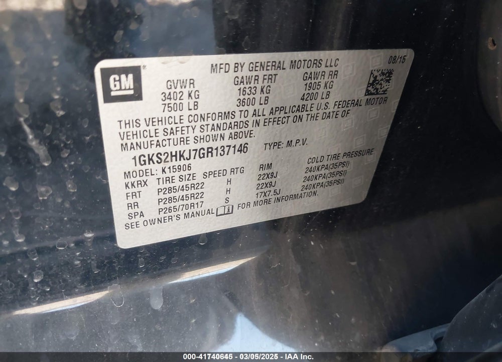 2016 GMC YUKON XL DENALI VIN: 1GKS2HKJ7GR137146