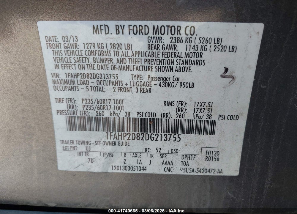 2013 FORD TAURUS VIN: 1FAHP2D82DG213755