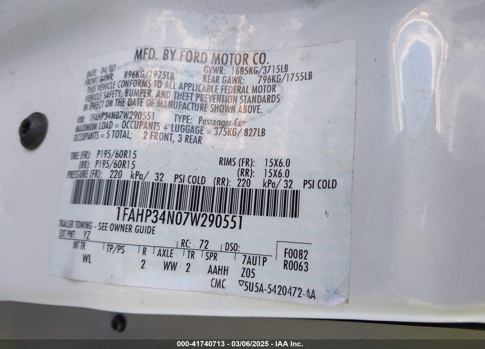 2007 FORD FOCUS VIN: 1FAHP34N07W290551