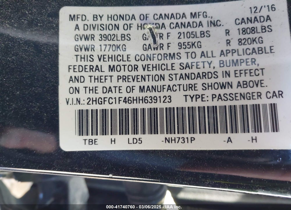 2017 HONDA CIVIC VIN: 2HGFC1F46HH639123