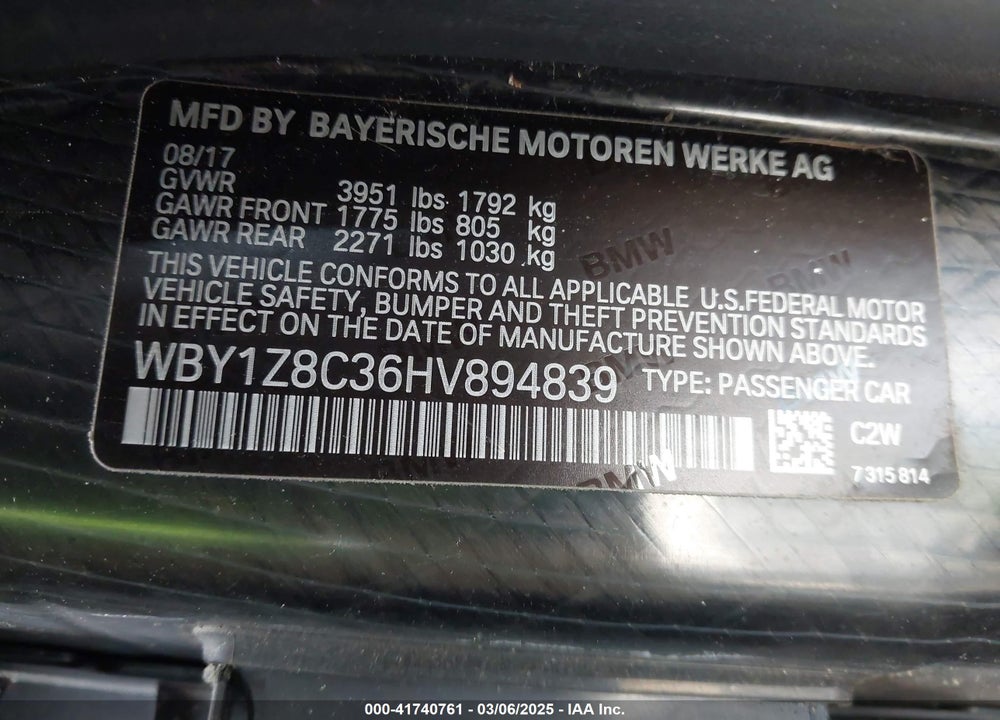 2017 BMW I3 VIN: WBY1Z8C36HV894839