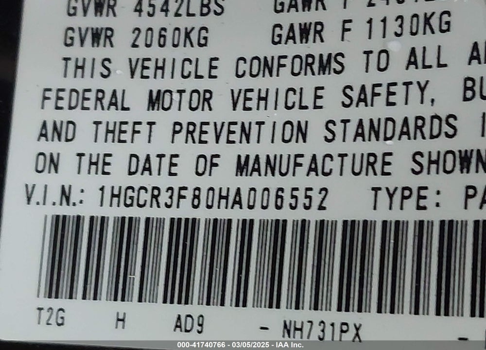2017 HONDA ACCORD VIN: 1HGCR3F80HA006552