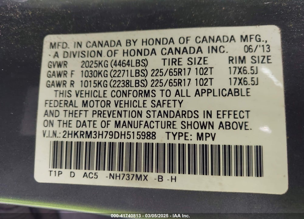 2013 HONDA CR-V VIN: 2HKRM3H79DH515988
