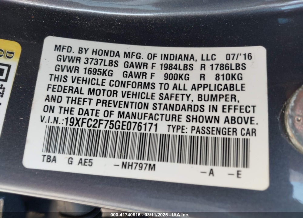 2016 HONDA CIVIC EX VIN: 19XFC2F75GE076171