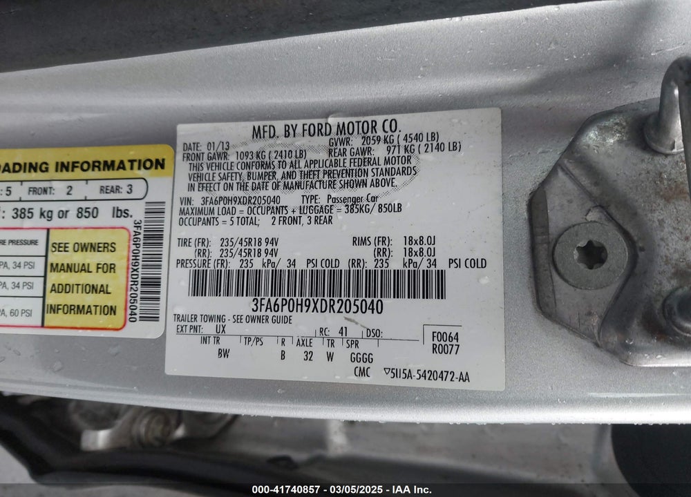 2013 FORD FUSION VIN: 3FA6P0H9XDR205040