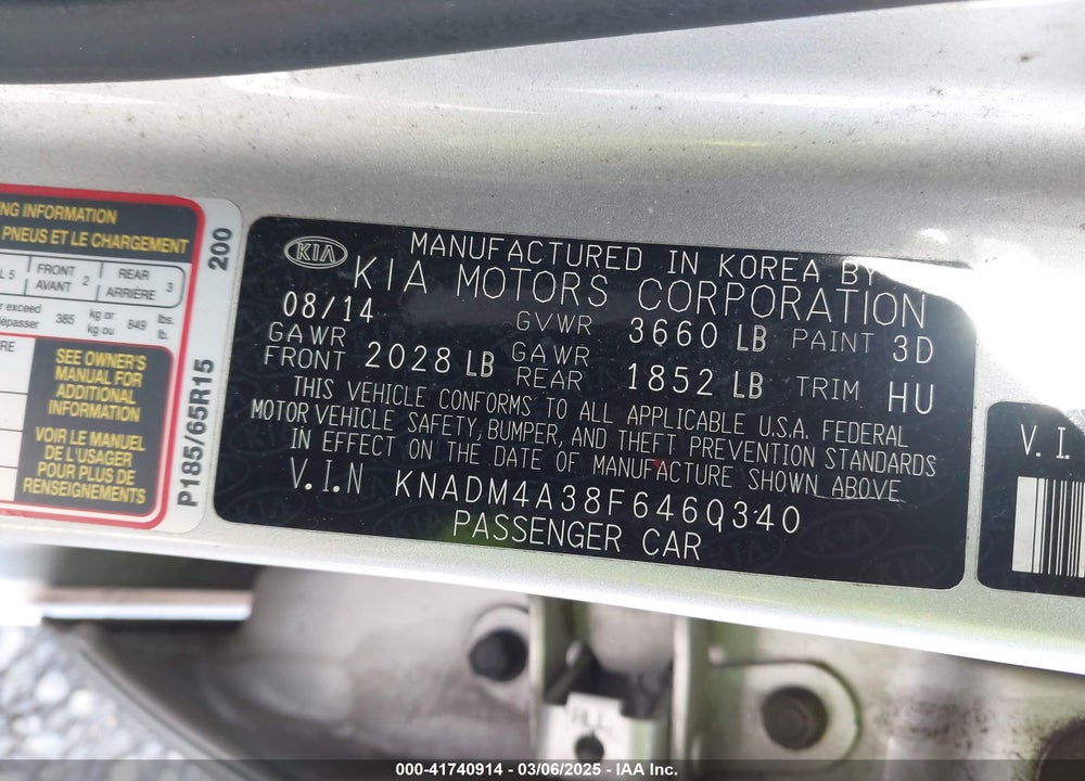 2015 KIA RIO VIN: KNADM4A38F6460340