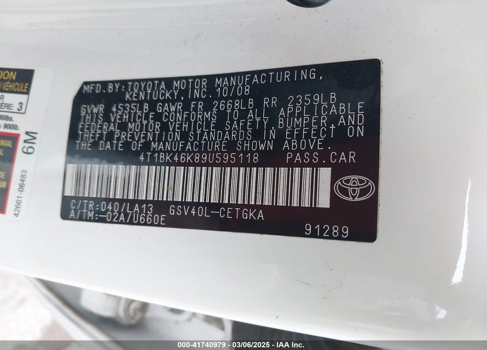 2009 TOYOTA CAMRY VIN: 4T1BK46K89U595118