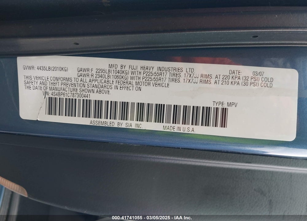 2008 SUBARU OUTBACK VIN: 4S4BP61C787300441