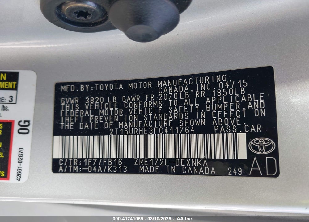 2015 TOYOTA COROLLA VIN: 2T1BURHE3FC411764