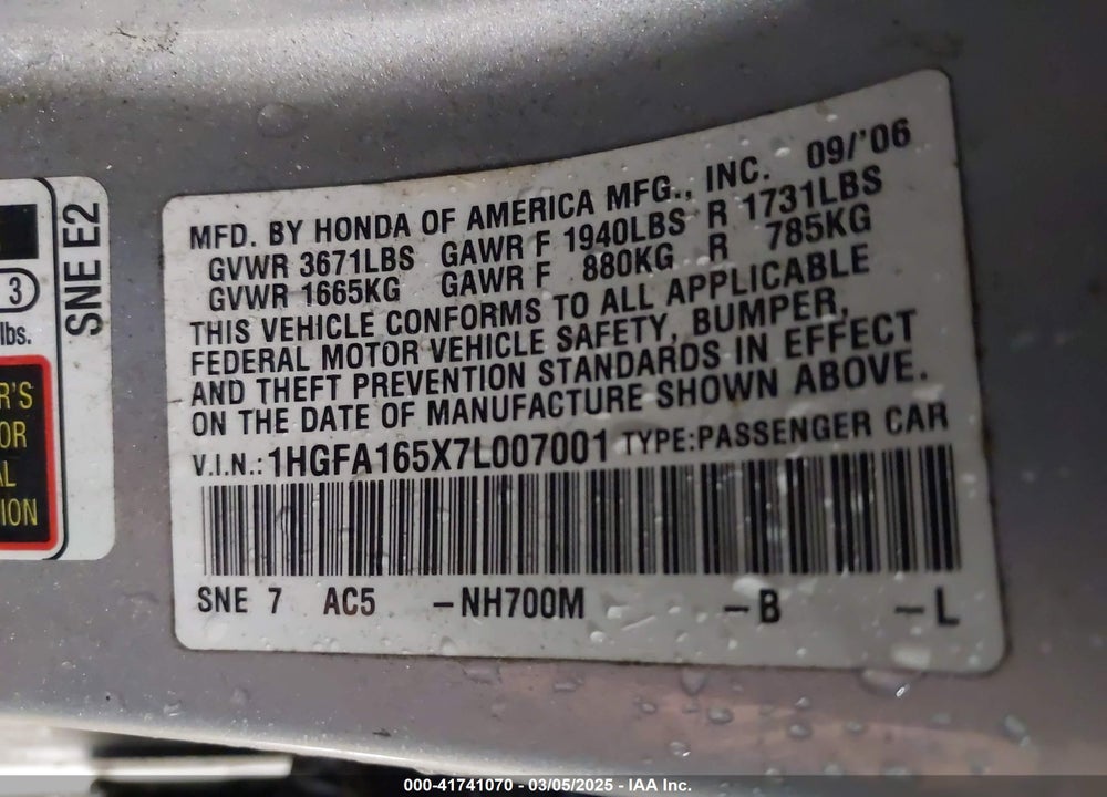 2007 HONDA CIVIC LX VIN: 1HGFA165X7L007001