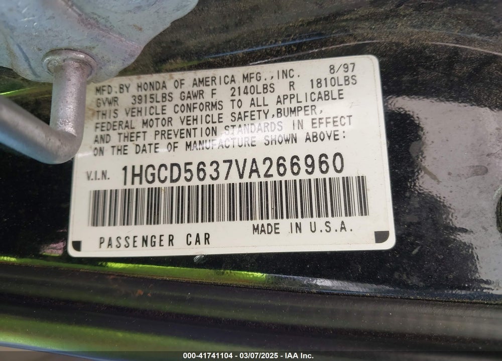 1997 HONDA ACCORD VIN: 1HGCD5637VA266960