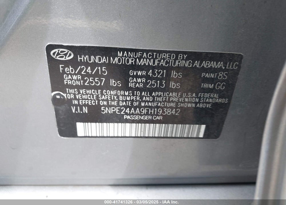 2015 HYUNDAI SONATA ECO VIN: 5NPE24AA9FH193842
