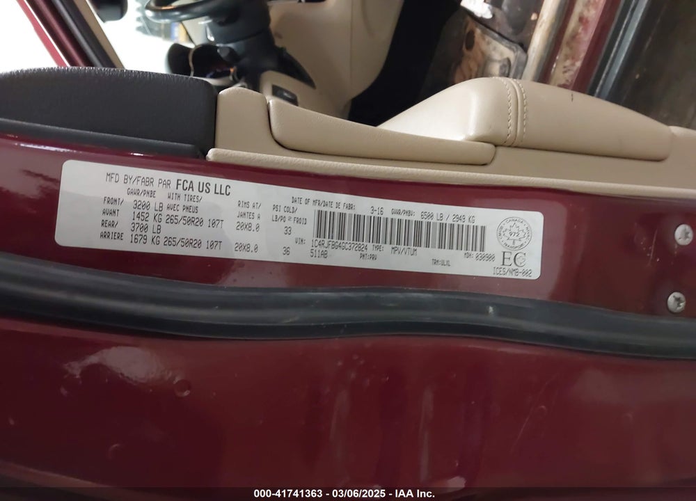 2016 JEEP GRAND CHEROKEE VIN: 1C4RJFBG4GC372824