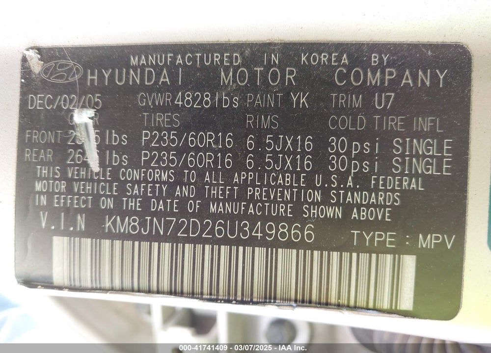 2006 HYUNDAI TUCSON GLS/LIMITED VIN: KM8JN72D26U349866